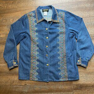 Women''s Bob Mackie Denim Embroidered button up Jacket Sz Large Pockets